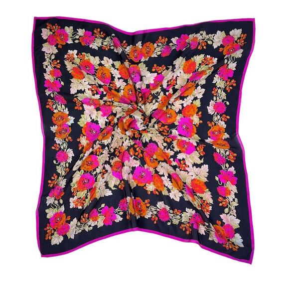 Scarf Womens Classy Fashion Pink Black Floral Chic Silky Polyester 30" Square - Picture 2 of 10